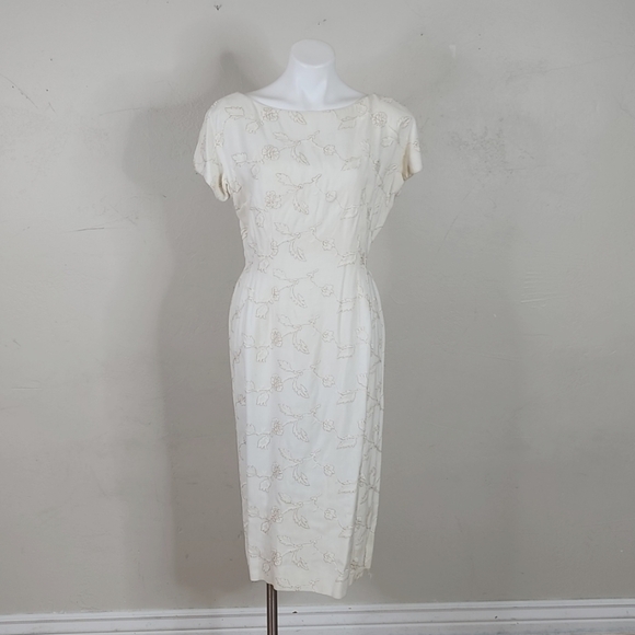 Vintage 50's Jerry Gilden Spectator Cream Sheath Dress With Gold Floral Detail - Picture 1 of 12